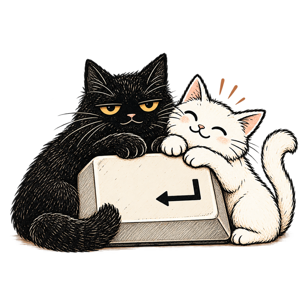 Jasper, a thoughtful black cat, and Jinx, a playful white cat, leaning over an Enter key.