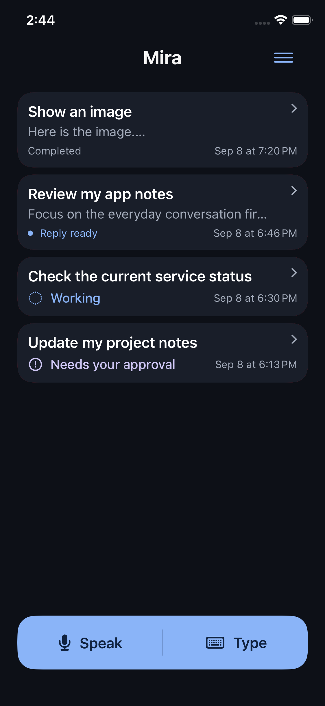 Mira conversation list with sample chats and Speak and Type controls