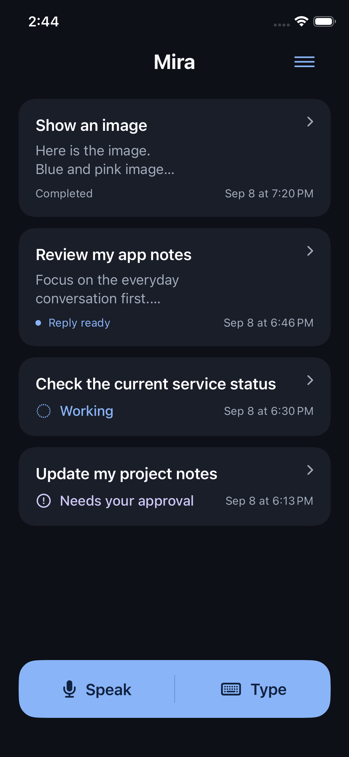 Mira relaxed conversation list with longer previews