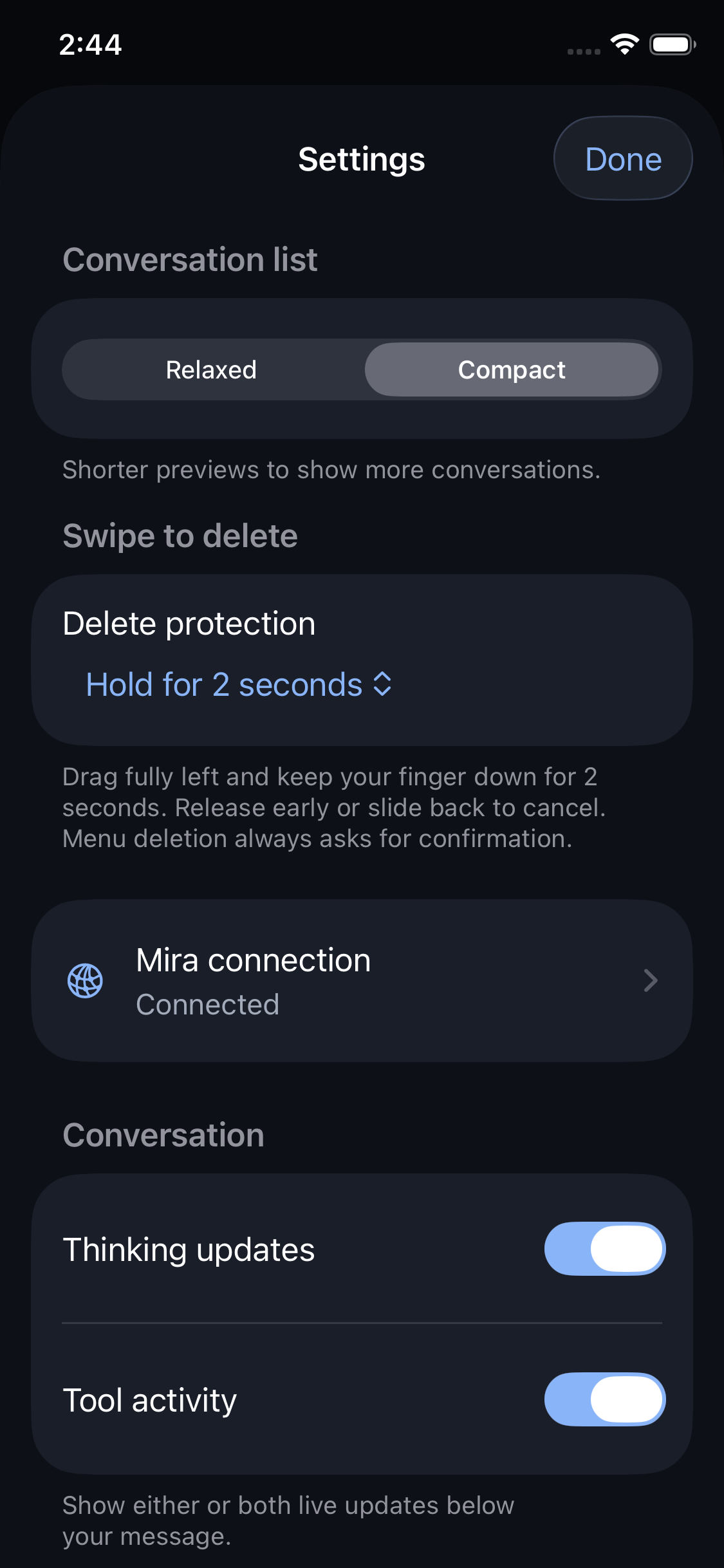 Mira settings for compact previews, deletion protection and activity