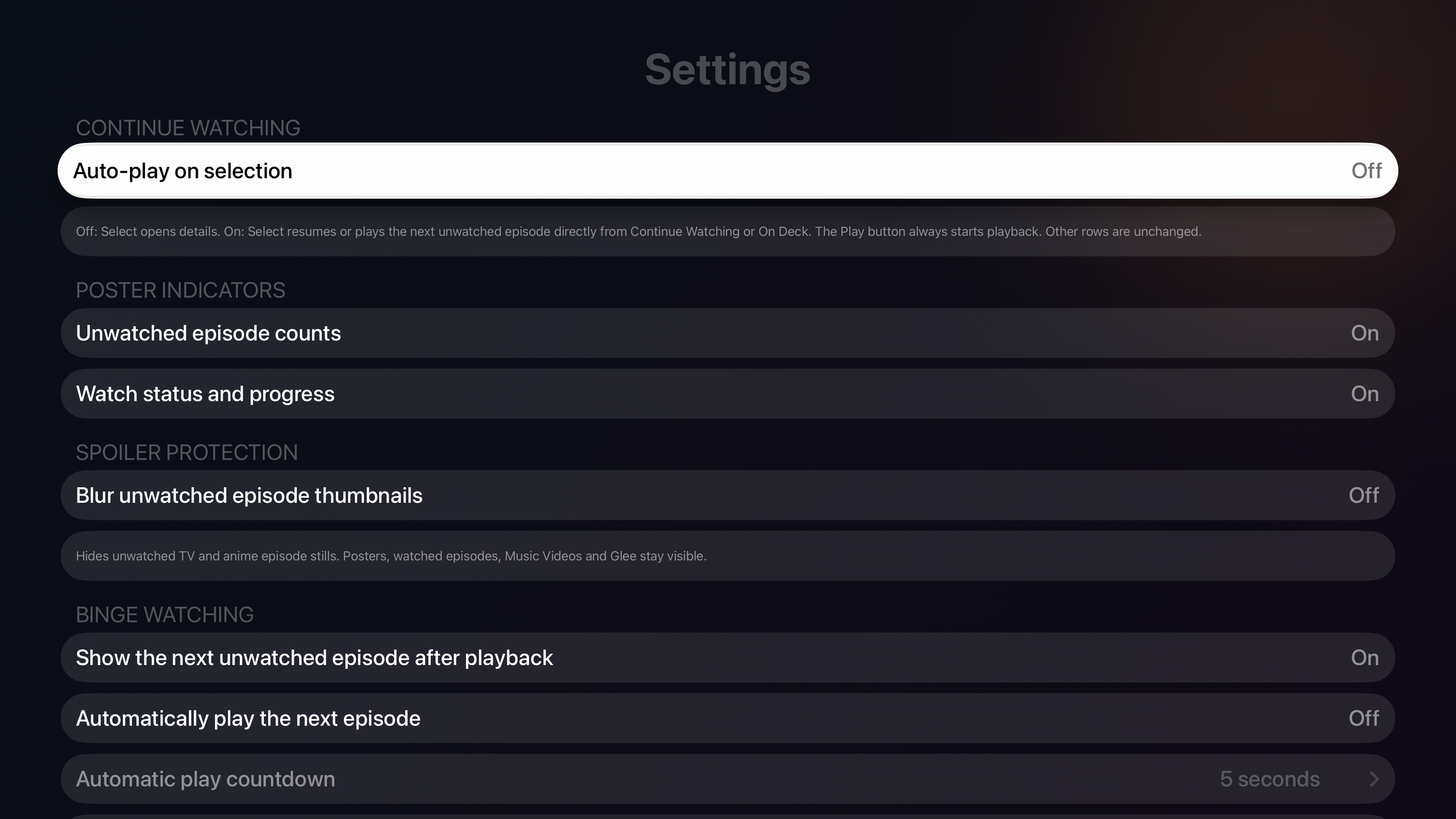 PersonalPlex settings for playback selection, poster indicators, spoiler protection and episode continuation